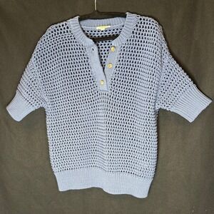 Haven Well Within Womens Blue Knit Button Short Sleeve Sweater Top‎